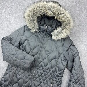 Eddie Bauer Jacket Womens Large Green EB550 Premium Goose Down Faux Fur Parka